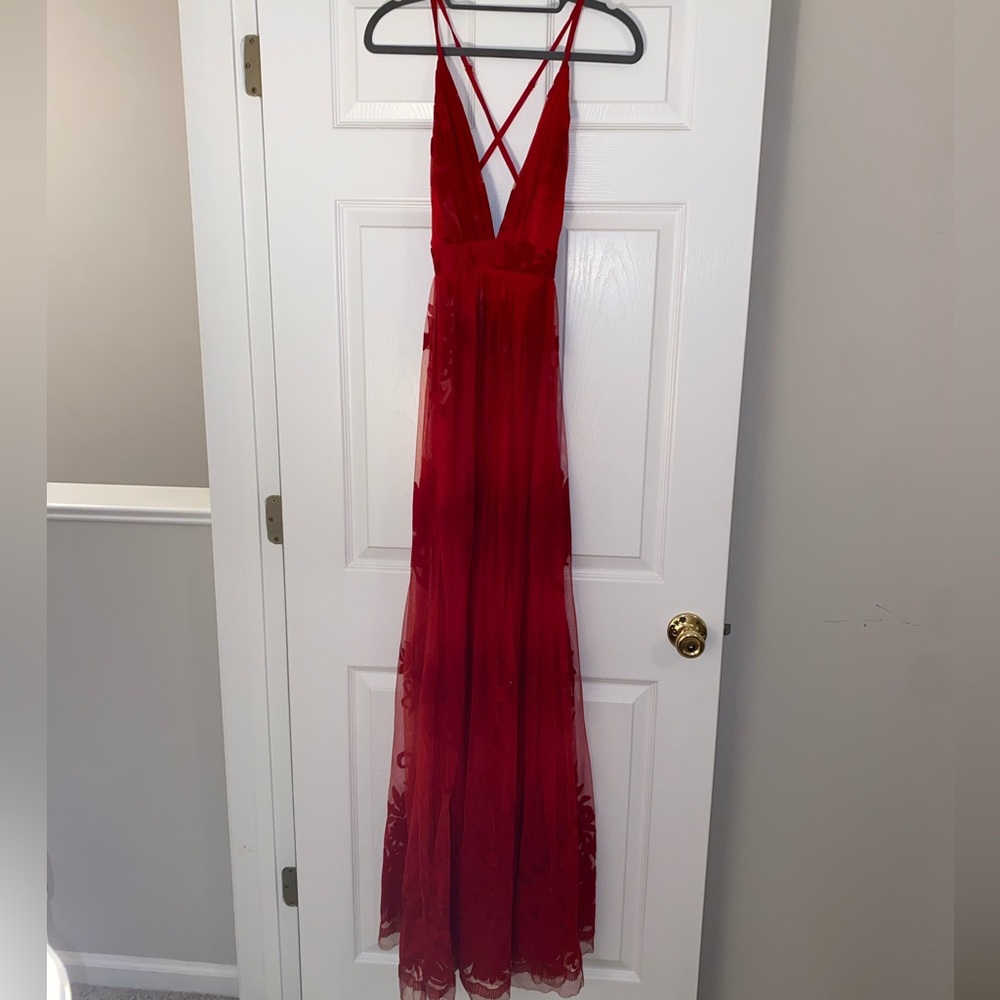 Red Crisscross V-Neck Formal Dress